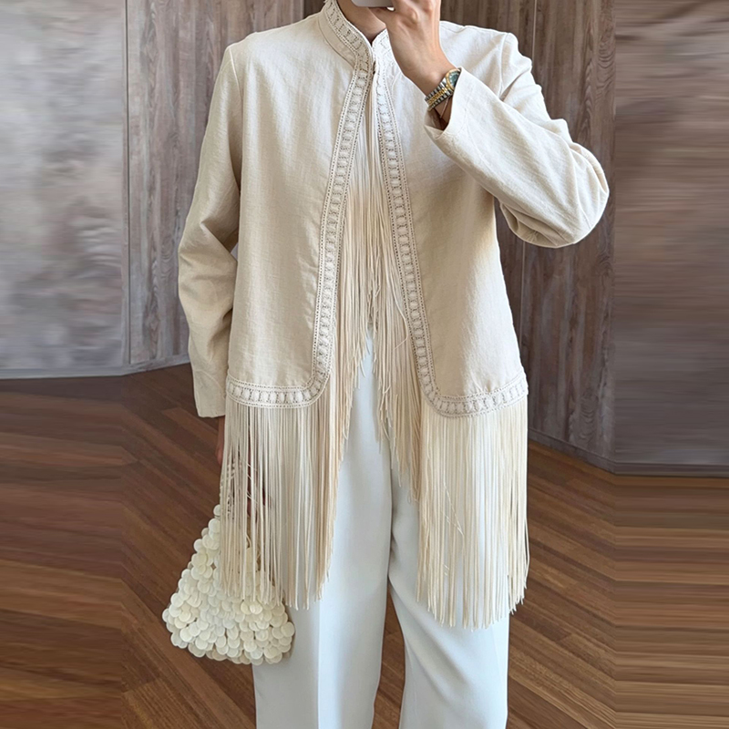 Nakışlı, Dik Yakalı, Uzun Koll - Tassel Fringe Trim incelemesi ve fiyatı